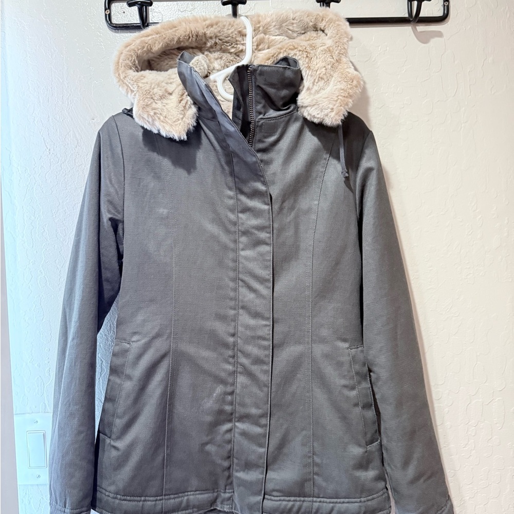 Gray and Cream Ski Jacket with Fur Trim Hood